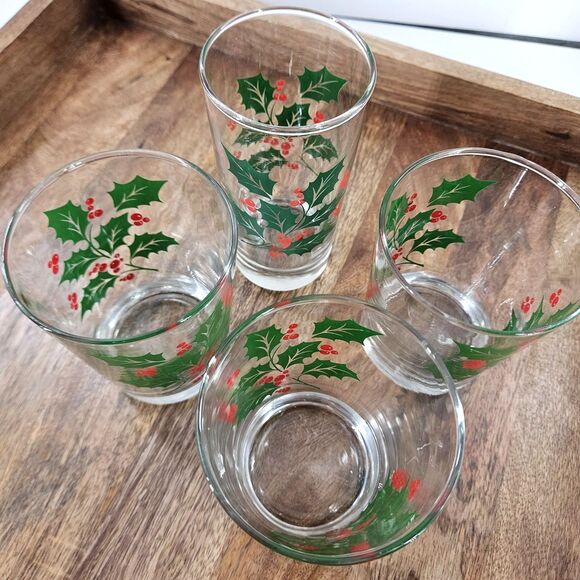 4 Lot Vintage Libby Holly Berry Christmas Drinking Glasses 1 Tumbler 3 Rocks - Picture 7 of 10